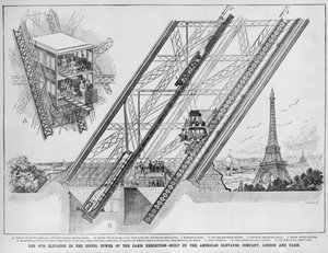 Der Otis-Aufzug im Eiffelturm, gebaut von der American Elevator Company, Paris und London, 1889 von English School