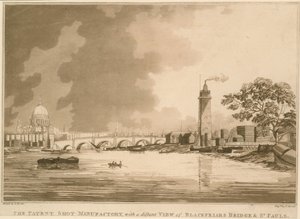 Die Patent Shot Manufactury, mit einem entfernten Blick auf die Blackfriars Bridge und St. Pauls, London von English School