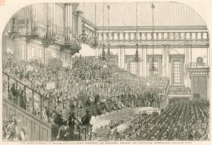 Der Friedenskongress in Exeter Hall, Sir David Brewster, der Präsident, hält die Eröffnungsrede von English School