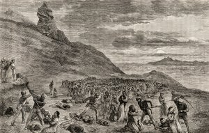 Die Verfolgung und das Massaker an den Christen auf der Insel Madagaskar im Jahr 1849 (Holzstich) von English School