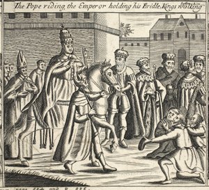 Der Papst reitet, der Kaiser hält seinen Zügel, Könige gehen vor ihm, Illustration aus Acts and Monuments von John Foxe, neunte Ausgabe, veröffentlicht 1684