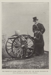 Der Prinz von Wales feuert ein Maxim-Gewehr ab, Mr. Maxim steht daneben von English School