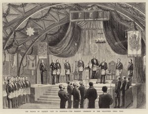 Der Besuch des Prinzen von Wales in Norwich, die Freimaurerzeremonie in der Freiwilligen-Drillhalle (Gravur) von English School