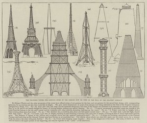 Der vorgeschlagene Turm für London, einige der Entwürfe, die jetzt in der Halle der Drapers