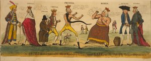 Der preußische Preisboxer und seine Verbündeten versuchen, die kaiserliche Kate zu zähmen, oder der Zustand der europäischen Bursiers, 1791 (handkolorierte Radierung) von English School