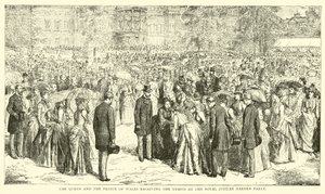 Die Königin und der Prinz von Wales empfangen die Gäste auf der königlichen Jubiläumsgartenparty von English School