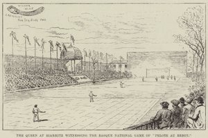 Die Königin in Biarritz, die das baskische Nationalspiel "Pelote au Rebot" beobachtet (Stich) von English School