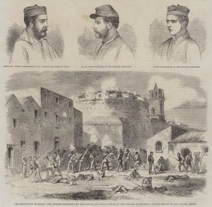 Die Revolution in Sizilien, das englische Bataillon am Fuße des Rundturms der Zitadelle von Melazzo (Stich) von English School