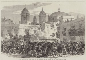 Die Revolution in Spanien, Kampf an der Barrikade im Viertel de Los Vinas, Cadiz (Stich) von English School