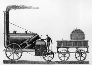 Die Rocket, Dampflokomotive entworfen und gebaut von George und Robert Stephenson im Jahr 1829 für die Liverpool-Manchester-Eisenbahn (Stich)