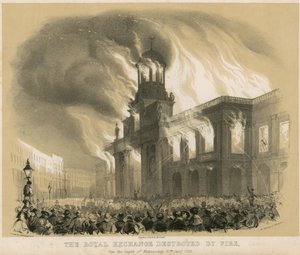 Die Royal Exchange, London, in der Nacht des 10. Januar 1838 durch Feuer zerstört von English School