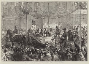 Der königliche Besuch in Birmingham, der Prinz und die Prinzessin von Wales passieren die Bull-Street (Gravur) von English School