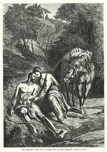 Der Samariter und der verwundete Mann am Wegesrand, Lukas X, 30-35 (Gravur) von English School