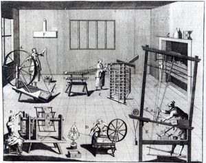 Die zweite Platte der Wollmanufaktur, die die Kunst des Spinnens, Aufwickelns, Kettens und Webens von Wollstoffen zeigt, graviert für 