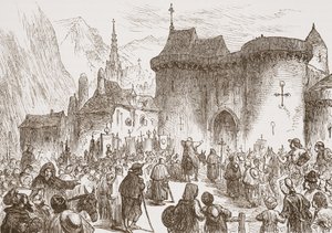 Die falschen Pilger am Tor von Genf, Illustration aus Die Geschichte des Protestantismus von James Aitken Wylie, veröffentlicht 1878