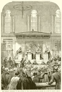 Die Sheriffs erscheinen in der Obhut des Serjeant-at-Arms vor dem Gericht der Königinnenbank von English School
