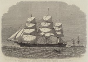 Das Schiff Glad Tidings, mit einer Ladung amerikanischer Baumwolle, läuft in den Hafen von Liverpool ein (Gravur) von English School