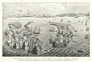 Die spanische Flotte in Form eines Halbmondes, die englische Flotte in Verfolgung von English School