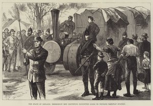 Der Zustand Irlands, Notfallmänner transportieren boykottierte Waren zum Bahnhof Thurles (Gravur) von English School