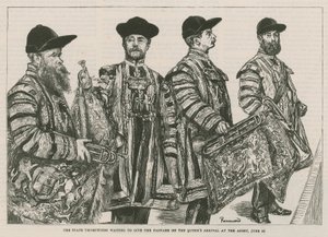 Die Staatstrompeter warten darauf, das Fanfarenzeichen bei der Ankunft der Königin in der Abtei zu geben von English School