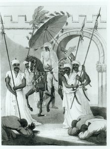 Der Sultan von Marokko kommt heraus, um Audienz zu geben, aus Travels through France and Spain to Morocco von Maurice Keatinge, veröffentlicht 1817 von English School