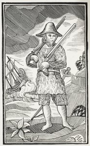 Das überraschende Leben und die seltsamsten Abenteuer von Robinson Crusoe aus der Stadt York, Seemann, Illustration aus Chap-books des achtzehnten Jahrhunderts von John Ashton, veröffentlicht 1882 von English School