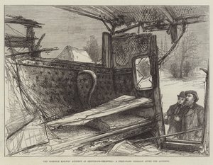 Der schreckliche Eisenbahnunfall in Shipton-on-Cherwell, ein Erste-Klasse-Wagen nach dem Unfall (Stich) von English School