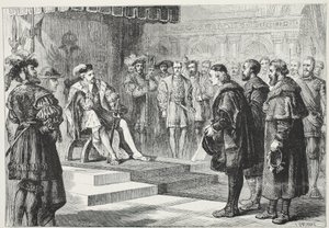 Die drei protestantischen Botschafter vor Kaiser Karl, Illustration aus Die Geschichte des Protestantismus von James Aitken Wylie, veröffentlicht 1878