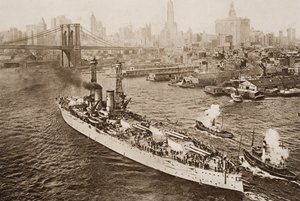 Das Schlachtschiff der Vereinigten Staaten, Texas, verlässt den New Yorker Hafen, Illustration aus 