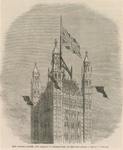 Der Victoria-Turm, neues Palace of Westminster, am Tag der Beerdigung von Sir C. Barnet von English School