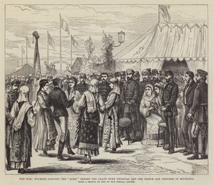 Der Krieg, Rumänen tanzen die "Hora" vor dem Großfürsten Nikolaus und dem Prinzen und der Prinzessin von Rumänien (Stich) von English School