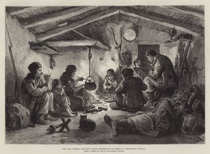 Der Krieg, russische Soldaten machen es sich in einem bulgarischen Cottage gemütlich (Gravur) von English School