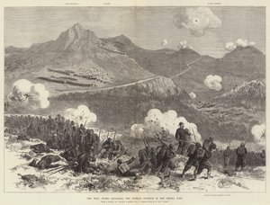 Der Krieg, Türken greifen die russische Position am Shipka-Pass an (Gravur) von English School