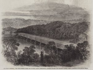Der Krieg in Amerika, die Kettenbrücke über den Potomac oberhalb von Georgetown, Blick auf das Virginia-Ufer (Stich) von English School