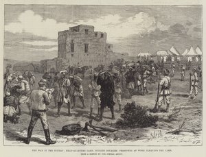 Der Krieg im Sudan, Hauptquartierlager außerhalb von Souakim, Gefangene bei der Reinigung des Lagers (Stich) von English School