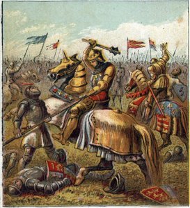 Der Krieg der zwei Rosen (1455-1485): Schlacht zwischen dem Königshaus York und dem Königshaus Lancaster. Illustration des englischen Bürgerkriegs, der durch die Teilung der Nachfolger von König Edward III. (1327-1377) in zwei Zweige entstand. Der Krieg de