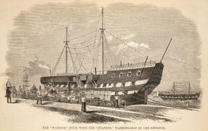 Die Warrior-Hulk mit dem Sulphur-Waschschiff in der Ferne, Illustration aus The Criminal Prisons of London and Scenes from Prison Life von Henry Mayhew und John Binny, veröffentlicht 1862 von English School