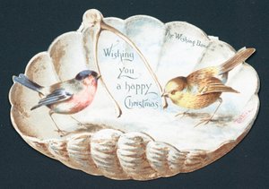 Der Wunschknochen, Vögel in Muschelschale, Weihnachtskarte von English School