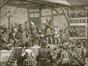 Aufführung eines Stücks von Shakespeare zur Zeit von Königin Elisabeth, Illustration aus Cassells Illustrierter Geschichte Englands