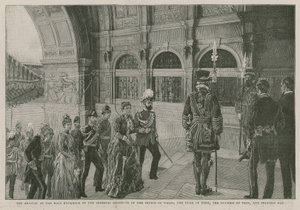 Die Ankunft des Prinzen von Wales, des Herzogs von York, der Herzogin von Teck und Prinzessin May am Haupteingang des Imperial Institute von English School
