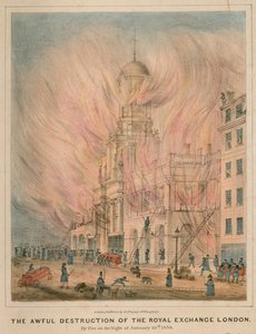 Die schreckliche Zerstörung der Royal Exchange in London durch Feuer in der Nacht des 10. Januar 1838 von English School