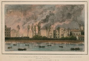 Die Feuersbrunst beider Parlamentshäuser vom Fluss aus gesehen um 8 Uhr abends von English School