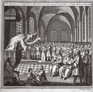 Die Beschreibung eines papistischen Priesters, der, nachdem er die Herrlichkeit und das Amt Christi weggenommen hatte, plötzlich fiel und starb, Illustration aus Foxes Märtyrer, ca. 1703