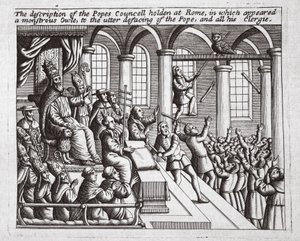 Die Beschreibung des Konzils des Papstes in Rom, in dem eine monströse Eule erschien, zur völligen Entstellung des Papstes und seines Klerus, Illustration aus Acts and Monuments von John Foxe, neunte Ausgabe