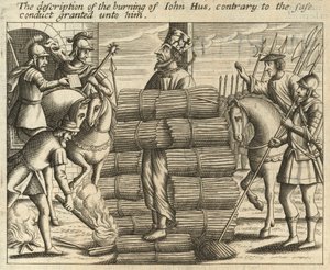 Die Beschreibung der Verbrennung von Jan Hus, entgegen dem ihm gewährten Geleitbrief