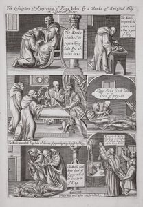 Die Beschreibung der Vergiftung von König Johann durch einen Mönch der Abtei Swinstead in Lincolnshire, Illustration aus Acts and Monuments von John Foxe, neunte Ausgabe, veröffentlicht 1684 von English School