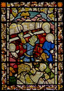 Das Ostfenster, das das Begräbnis der Jungfrau Maria und das Umstürzen des Sarges (der Junge aus Bourges) darstellt
