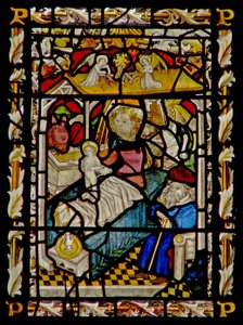 Das Ostfenster, das die Geburt Christi darstellt von English School