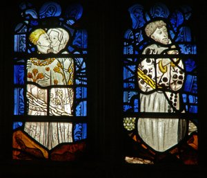 Das Ostfenster mit den sieben Todsünden: Lust (L) und Faulheit (R) von English School