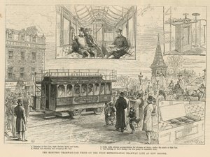 Der elektrische Straßenbahnwagen, getestet auf der West Metropolitan Straßenbahnlinie an der Kew Bridge von English School